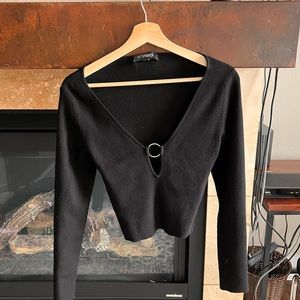 INTERMIX Black V-Neck Top with Ring Detail